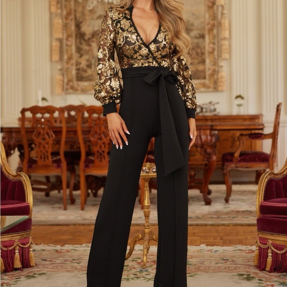 Flower Vein Sequin Print Jumpsuit - Picture 1 of 8